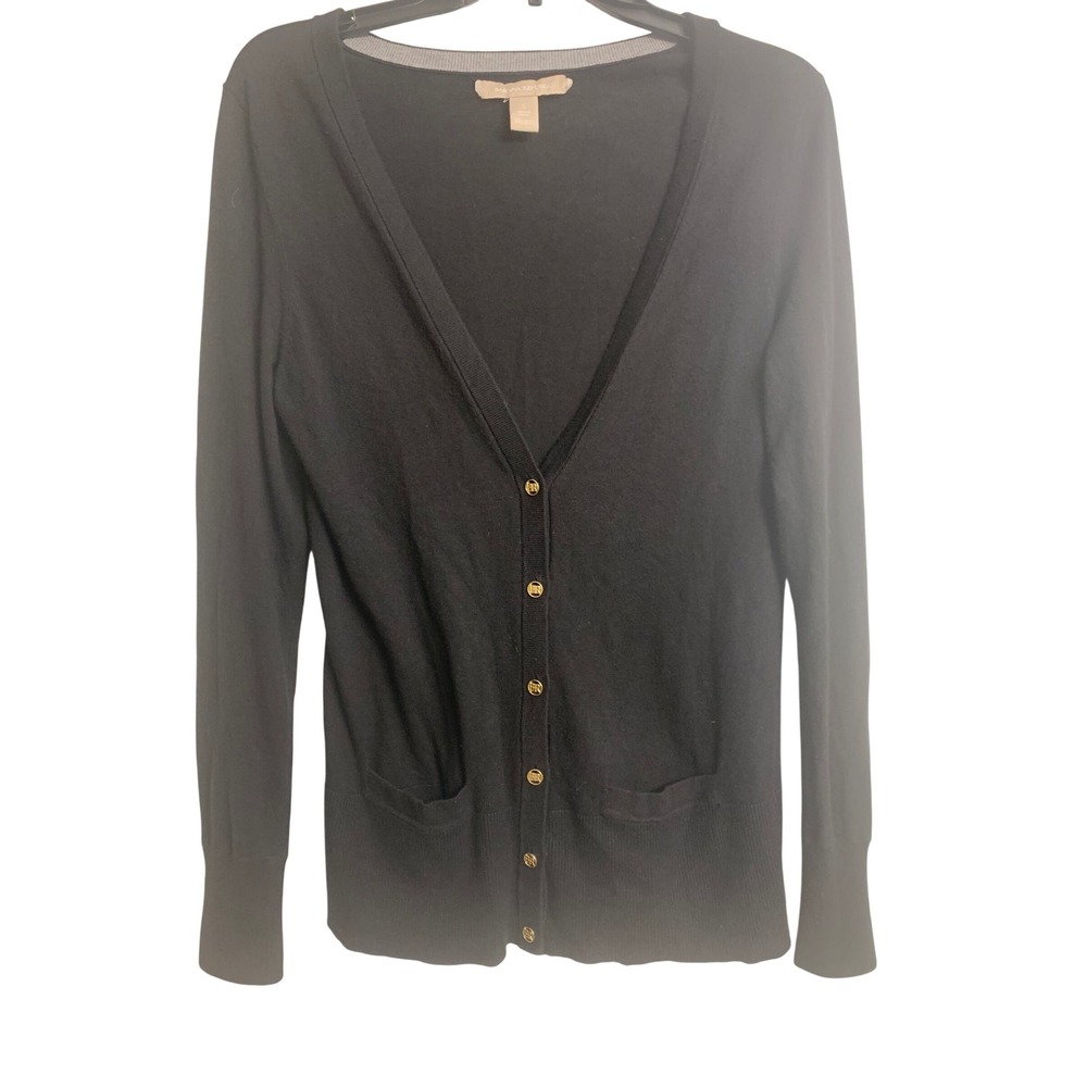Banana Republic Black V-Neck Cardigan Gold Logo Button Sweater  Small‎